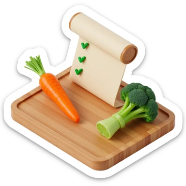 carrot tomato brocoli on the wooden cutting board with floating rolled paper list with green checkboxes sticker