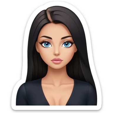 Glamours, tanned, beautiful, girl, with blue eyes, big pump peach-beige-rose lips, eyeliner, long lashes, black straight smooth silky long hair, straight parting hair,  in black v-neck bodysuit sticker