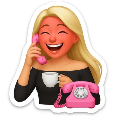 Make the character laughing, keep her straight long blond hair, depict her gossiping on a pink analogue phone, holding a tea cup, wearing an off-shoulder black top, with a red face. The style should resemble emoji style. Remove the background. sticker
