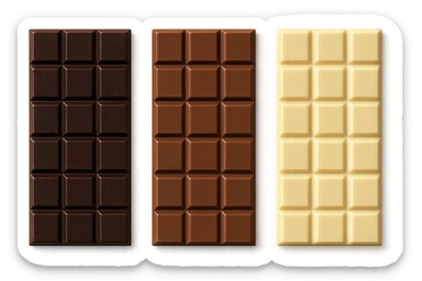 3 BARRETTE DI CIOCCOLATO, UNA FONDENTE, UNA AL LATTE E UNA BIANCA, CON OMBRA REALISTICA, VISTE DALL'ALTO, IPERREALISTICO 4K sticker