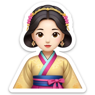Cinematic Realistic Hanbok Emoji, depicted as a graceful intricately designed traditional Korean dress with vibrant colors and flowing lines, rendered with delicate textures and soft cultural lighting that captures its timeless elegance. sticker