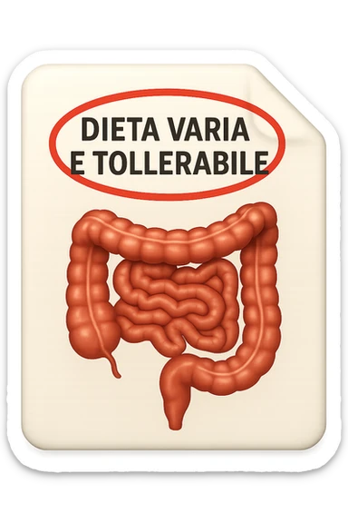 emoji stile iphone di un foglio con un INTESTINO disegnatO sopra e la scritta "DIETA VARIA E TOLLERABILE" CERCHIATA IN ROSSO, iperrealistico 4k, isolato su sfondo bianco sticker
