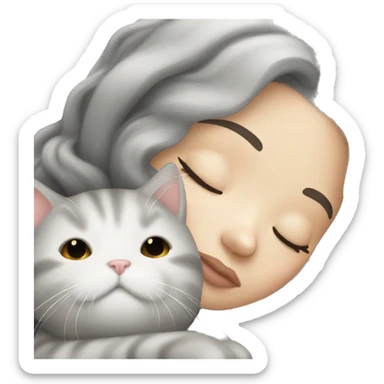 White girl black hair sleeping with light grey kitty sticker