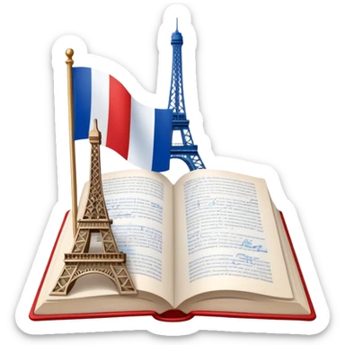 An icon featuring the flag of France, symbolizing the French language. The design includes an open book and the Eiffel Tower behind, representing language learning and cultural elegance. Transparent background highlights the beauty of French heritage. sticker