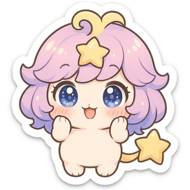 Stella Puff (星星噗噗) in kawaii chibi style, front view, acting cute and coquettish, big sparkling glassy blue-violet eyes, puffy pastel pink-purple gradient hair with a yellow star swirl, creamy white round body, coral pink blush, short arms and legs, soft golden star tail, clean lines, transparent background sticker