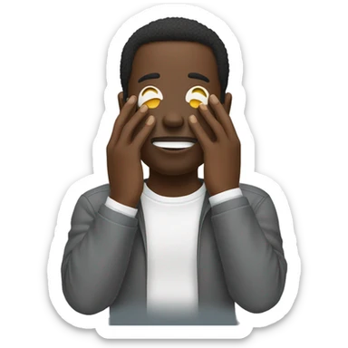 black man putting both hand in his face , hands are masking his face, only see his eyes between eyes sticker