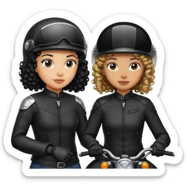 A motorcyclist and a shorter girl with curly black hair, facing each other. sticker