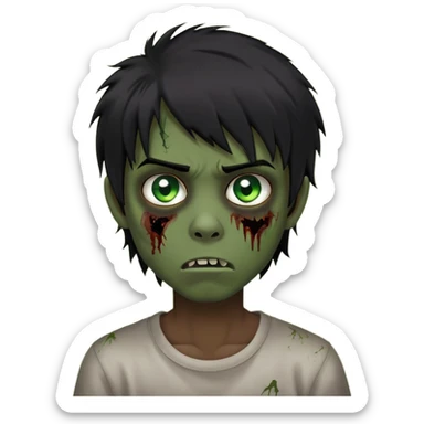 Boy, zombie, black hair, medium long, emo, shaggy, dark, spooky, creepy expression, green eyes sticker