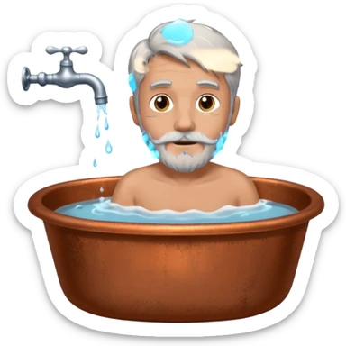 Man with grey hair and grey beard in old copper bath with water running from taps sticker