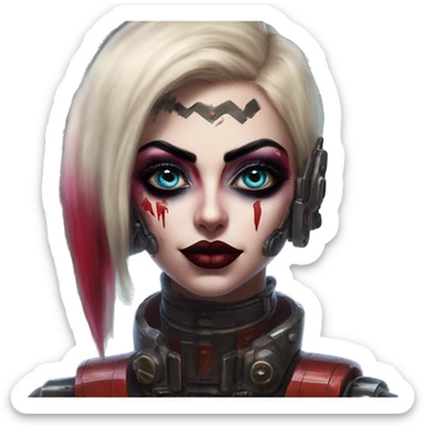 Arabic mechwarrior in Harley Quinn style, oil paint, mysterious eyes, intricate lips, masterpiece portrait, odd perspective, beautiful, desirable, logical sticker