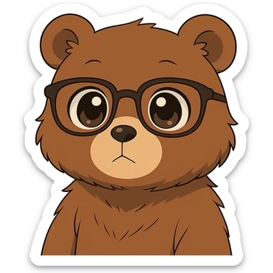 Make the anime style bear with glasses cuter by giving it bigger eyes and a rounder face. Keep no background. The style should remain anime-like. sticker