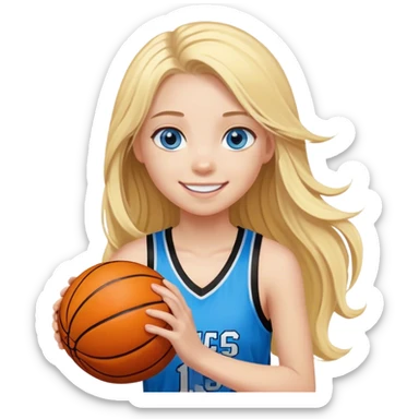 smiling girl with blue eyes and blonde long hair playing basketball with black and yellow jersey sticker