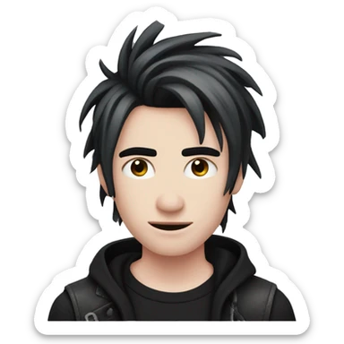 Create an emoji of an emo guy with split-dyed hair—one side pastel pink and the other side black. The hair should have a slightly messy, choppy texture, and the character should have a subtle, sad expression, wearing dark clothing typical of emo fashion sticker