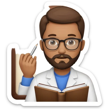 bearded man with glasses studying sticker