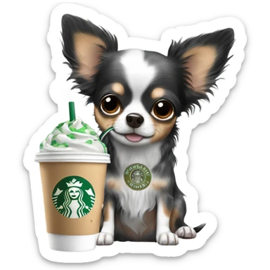 Black dapple fluffy Merle long hair chihuahua drinking Starbucks  sticker