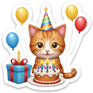 Ginger tabby kitten celebrates birthday, birthday hat, birthday cake, one candle, balloons, happy, gifts sticker