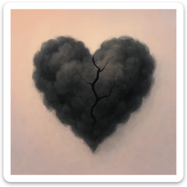 abstract heart emoji made of dark, swirling clouds, cracked, on a pastel gradient minimalist background, soft, conceptual style sticker