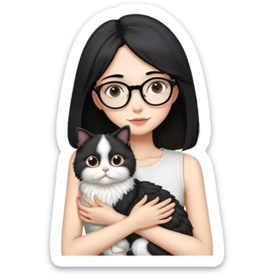 Skinny woman with oval glasses, shoulder length straight black hair, wearing white sleeveless top, hugging a Persian-Angora cat that's gray and white like Oreo cookies, plain background sticker
