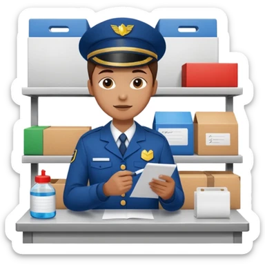 create a realistic emoji of a packaging station person with a protocol in his hand writing something down. sticker