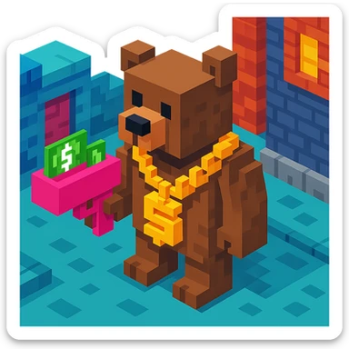 Russian grizzly bear with a rapper chain and a money gun, standing in a city alley sticker