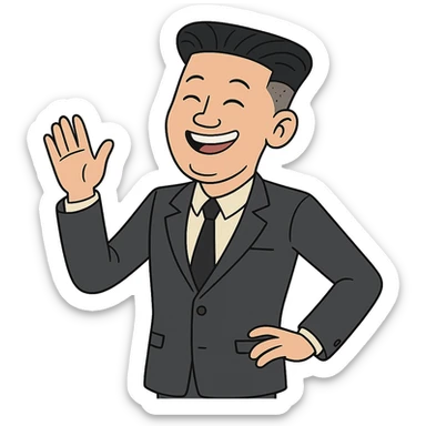 playful cartoon of slim Kim Jong Un, smiling, modern suit, recognizable hairstyle, lighthearted and humorous sticker