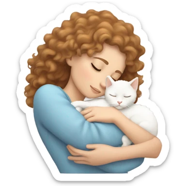 White girl light brown curly hair sleeping with white kitty sticker