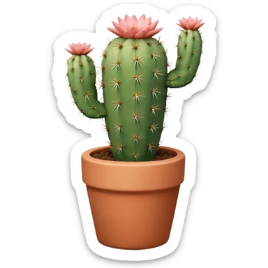 A ceramic pot in a pastel terracotta color, shaped like a cylinder, with a tall pot containing a desert cactus. sticker