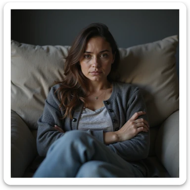 woman sitting on a sofa, tired face, dull eyes, marked dark circles, fatigued posture, comfortable clothing, hyperrealistic style, realistic details, 4K quality, domestic environment sticker