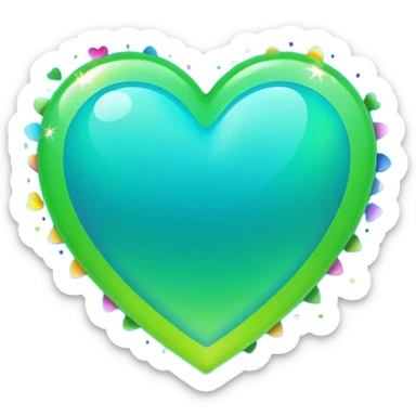 emoji: teal and neon green gradient heart with celebration confetti from behind. sticker