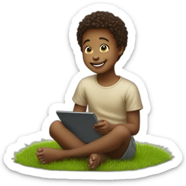 Portray the innocence of a child sitting on grass, captivated by a tablet, with a beaming happy face that radiates wonder and delighted. sticker