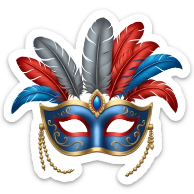 masquerade mask grey with blue and red feathers sticker