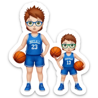 Full Body white chubby Girl with basketball spikey short brown hair  wearing blue glasses with green eyes sticker