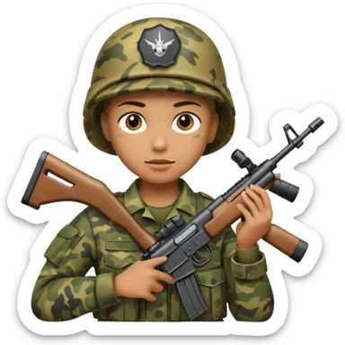 a person in military camouflage, holding a rifle, war zone sticker