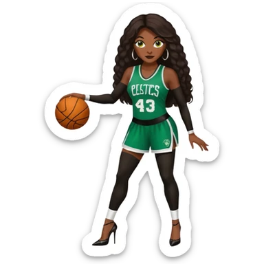 A 47-year-old dark black woman with brown eyes, long dark brown baylaige hair dressed in sexy 
celtics jersey costume outfit and stilettos  sticker