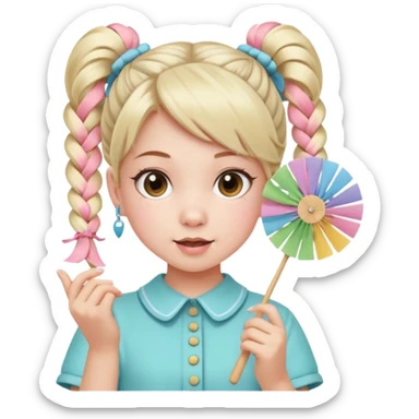A pigtail girl in modern outfit using a pastel fan with playful expression. sticker