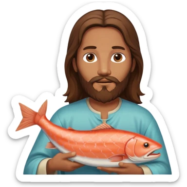 Jesus with long brown hair and a long beard holding a salmon sticker