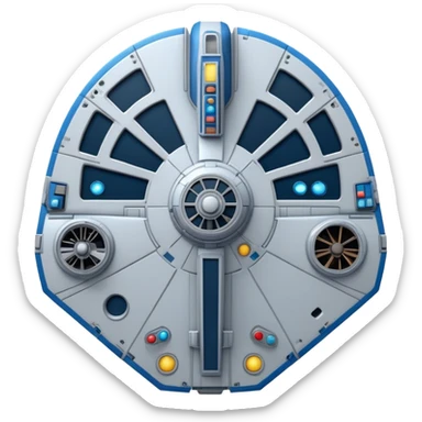 Millennium Falcon from Star Wars, emoji style, spaceship with surface details, panels, antenna, circular cockpit, blue lights, oval shape, metallic colors, very recognizable sticker
