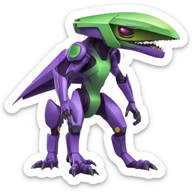 a purple-green Genesect-Raptor-Fakémon—hybrid with a futuristic visor-helmet full body sticker
