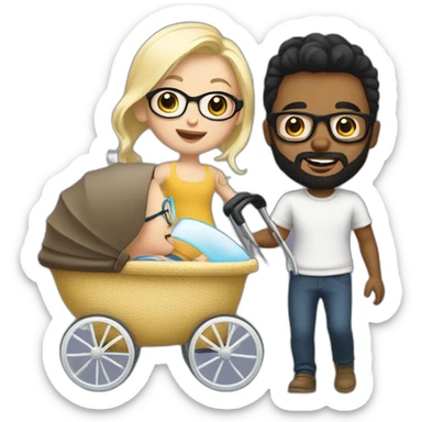 Black haired man with beard and glasses pushing buggy with blonde baby sticker