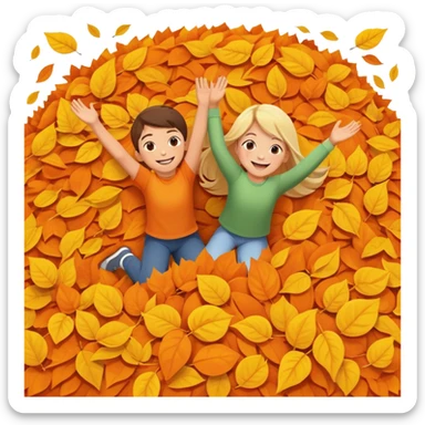 two children mid-air above a big pile of orange and yellow leaves, smiling faces sticker