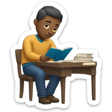 Man in blue sweater studying sticker