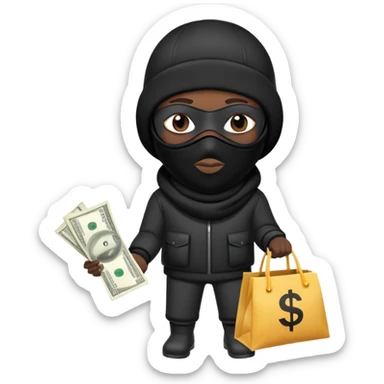 Black Ski mask holding bags of money with  skin color black sticker