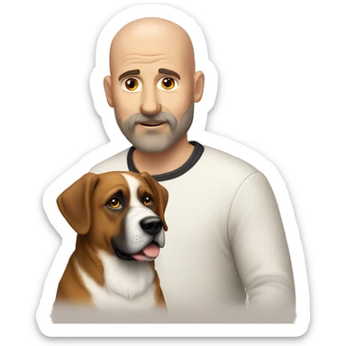A 50 year old bald man with a short beard and his Saint Bernard dog sticker