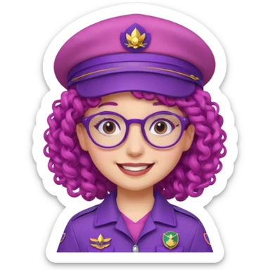 scout girl with pink scout uniform including hat, purple curly haired and glassess sticker