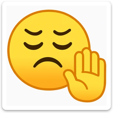 Create a regular yellow emoji with an offended expression. The emoji should have closed eyes, raised brows, and a frown. One hand is raised in a 'stop' or 'refuse' gesture. The style should be classic emoji style, clean and simple, inspired by the reference image. sticker