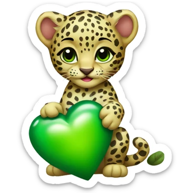 Baby leopard holding a green heart sticker