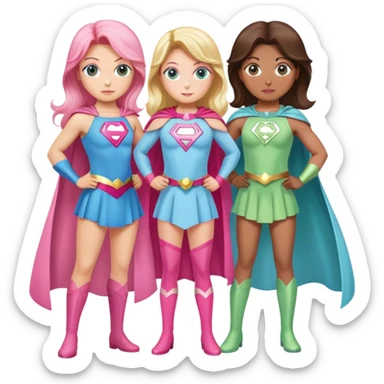 three superhero girls standing together - one in light blue costume, one in pink costume, and one in light green costume sticker