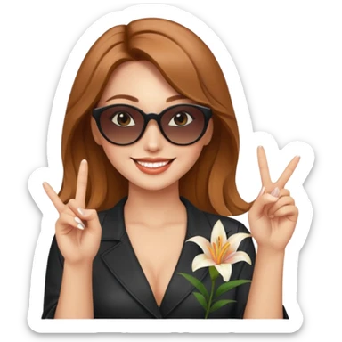 Professional sexy woman smiling holding lilies posing in shades  and flashing peace sign fingers sticker