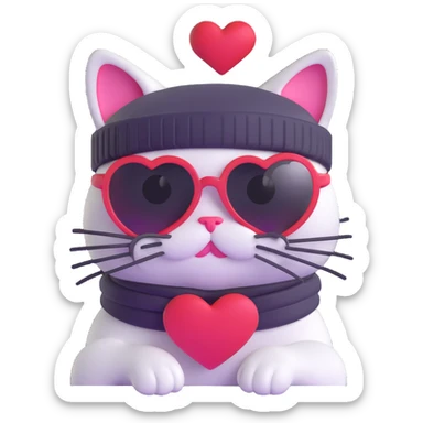 cat wearing a beanie and heart-shaped sunglasses sticker