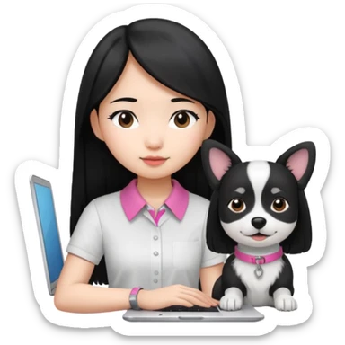Blue back ground, Asian girl with long black hair , wearing a white shirt, working on an Apple laptop, next to her is a small black and white dog with pink collar on  sticker